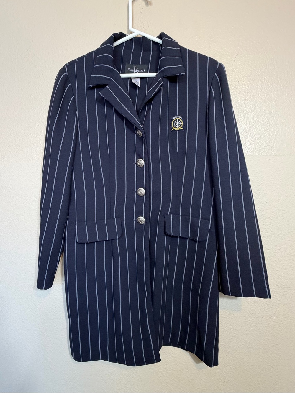 vintage John Roberts navy blue jacket dress with white pinstripes 12
